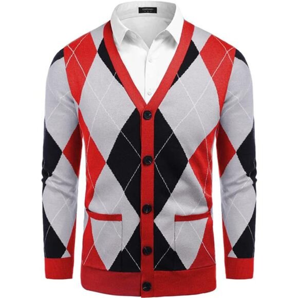 New Men's Cardigan Sweater Argyle Knitted V-Neck Casual Slim Fit Knitwear